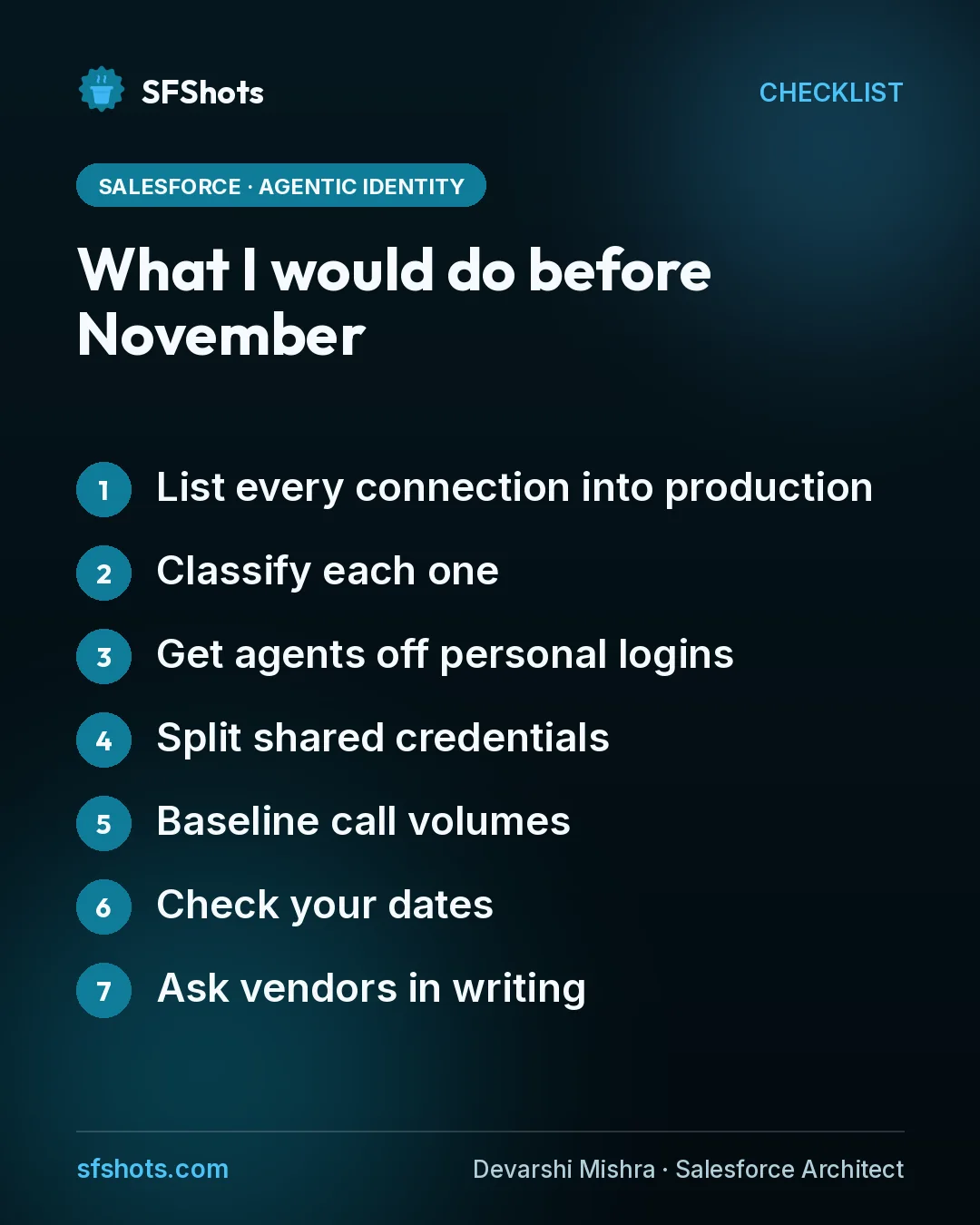 Checklist, What I would do before November: List every connection into production; Classify each one; Get agents off personal logins; Split shared credentials; Baseline call volumes; Check your dates; Ask vendors in writing