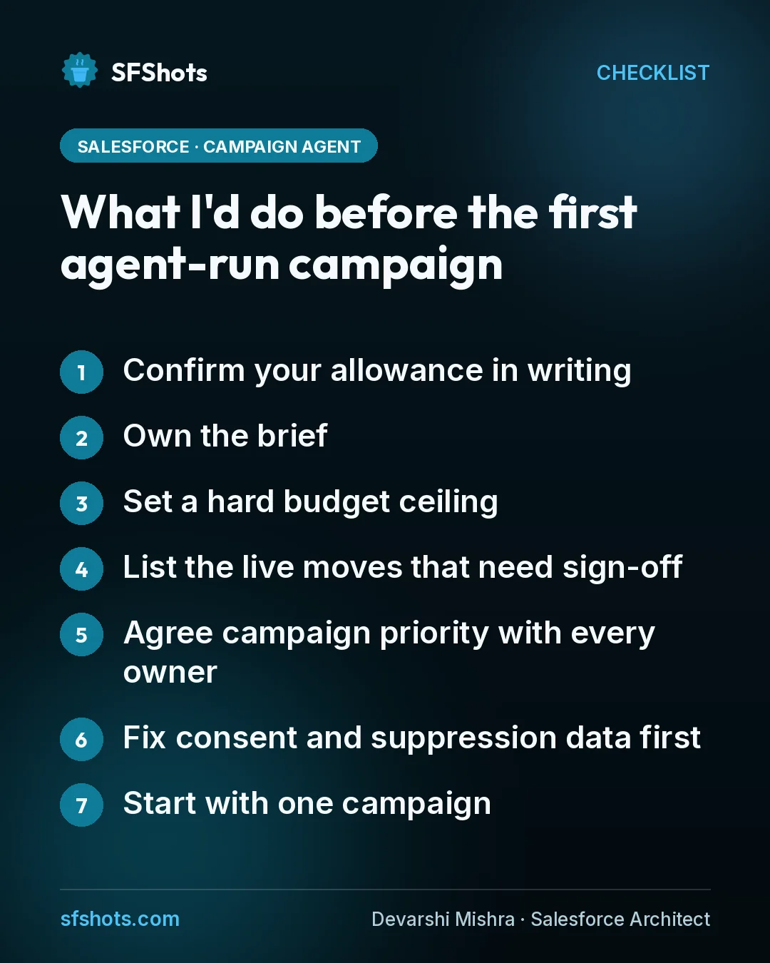 Checklist, What I'd do before the first agent-run campaign: Confirm your allowance in writing; Own the brief; Set a hard budget ceiling; List the live moves that need sign-off; Agree campaign priority with every owner; Fix consent and suppression data first; Start with one campaign