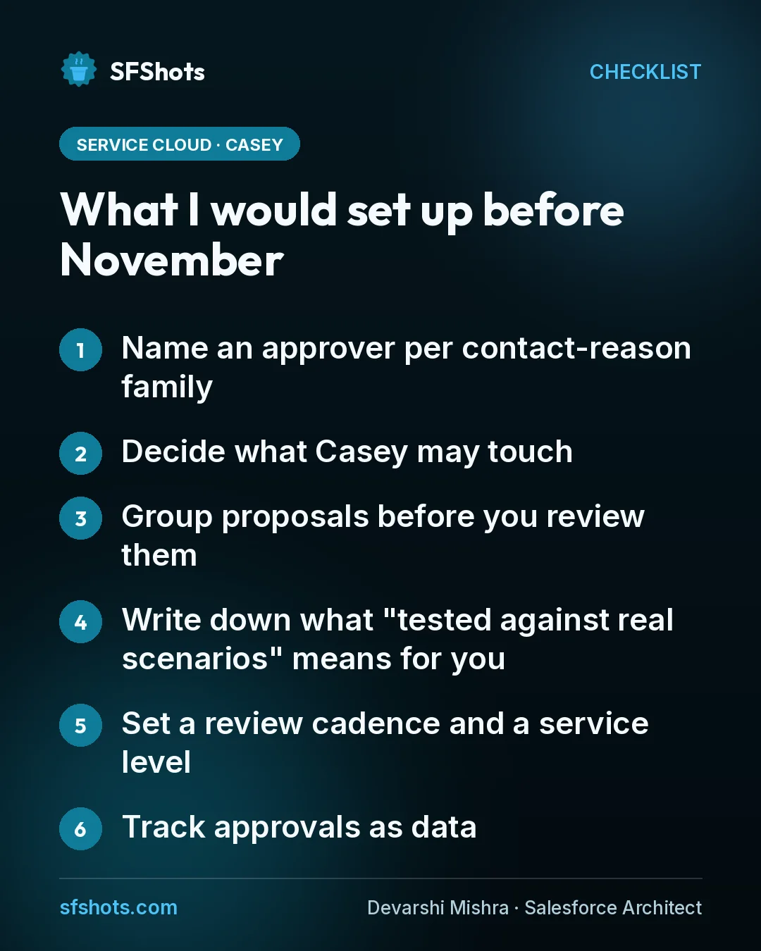 Checklist, What I would set up before November: Name an approver per contact-reason family; Decide what Casey may touch; Group proposals before you review them; Write down what "tested against real scenarios" means for you; Set a review cadence and a service level; Track approvals as data
