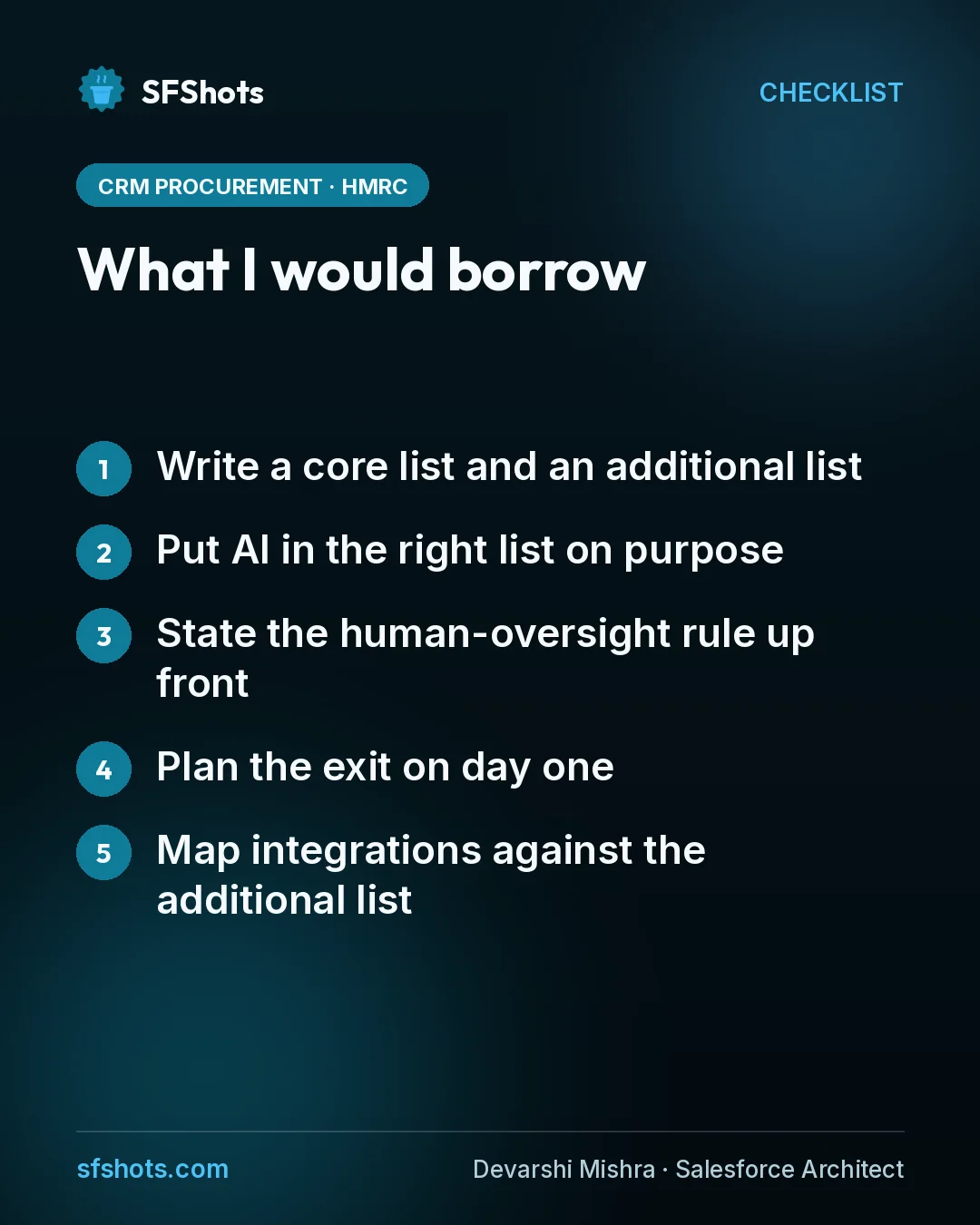 Checklist, What I would borrow: Write a core list and an additional list; Put AI in the right list on purpose; State the human-oversight rule up front; Plan the exit on day one; Map integrations against the additional list