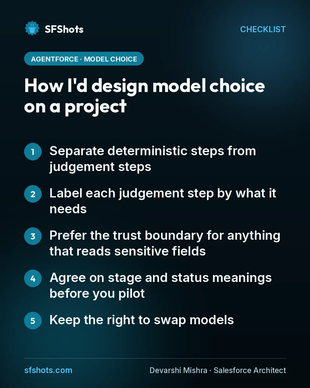 Checklist, How I'd design model choice on a project: Separate deterministic steps from judgement steps; Label each judgement step by what it needs; Prefer the trust boundary for anything that reads sensitive fields; Agree on stage and status meanings before you pilot; Keep the right to swap models