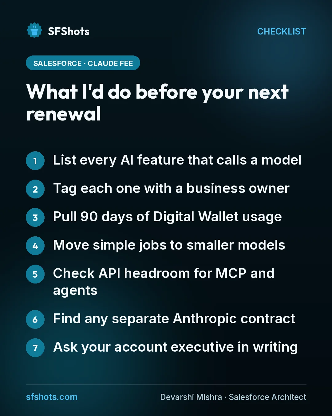 Checklist, What I'd do before your next renewal: List every AI feature that calls a model; Tag each one with a business owner; Pull 90 days of Digital Wallet usage; Move simple jobs to smaller models; Check API headroom for MCP and agents; Find any separate Anthropic contract; Ask your account executive in writing