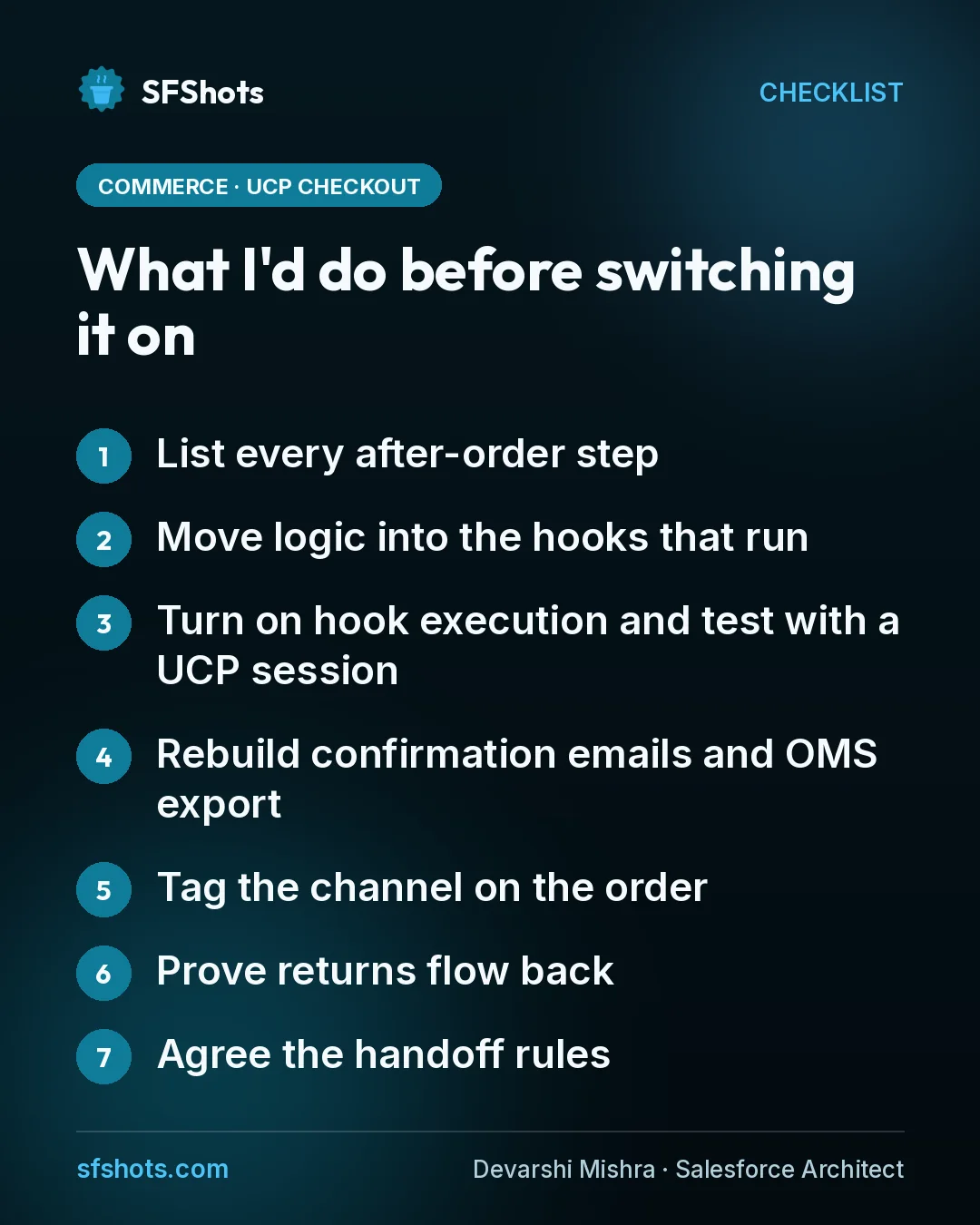 Checklist, What I'd do before switching it on: List every after-order step; Move logic into the hooks that run; Turn on hook execution and test with a UCP session; Rebuild confirmation emails and OMS export; Tag the channel on the order; Prove returns flow back; Agree the handoff rules